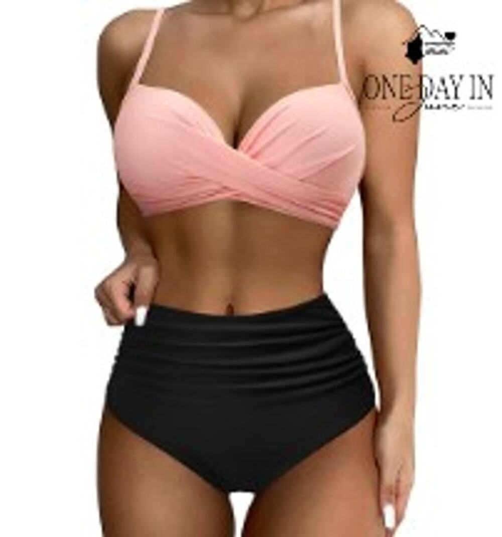 Aqua Eve High Waist Underwire Molded Cup Bikini Pink Black NWT Size M